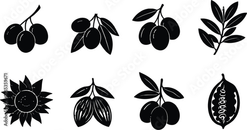 Assorted illustrations of fruits and plants in black and white silhouette style