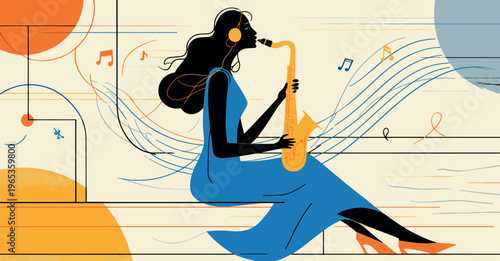 Abstract Jazz Musician Playing Saxophone With Flowing Sound Waves Vector Illustration