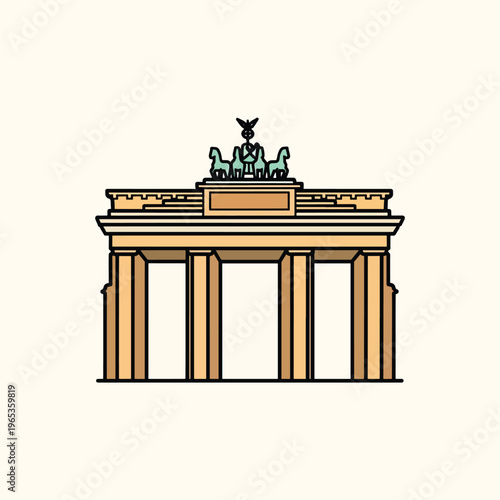 A flat illustration of a structure with archways and a chariot sculpture atop. The colors are muted, and the style is minimalist