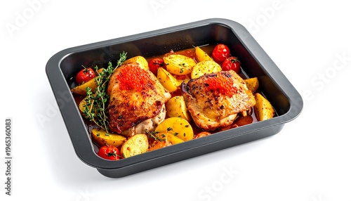 A dish of roasted chicken, potatoes, and tomatoes in a dark pan on white. Green herbs provide a fresh contrast