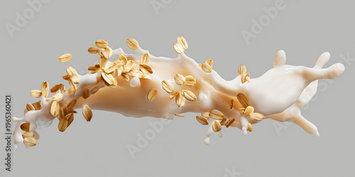 A dynamic shot capturing the essence of a splash of milk mingling with scattered oats