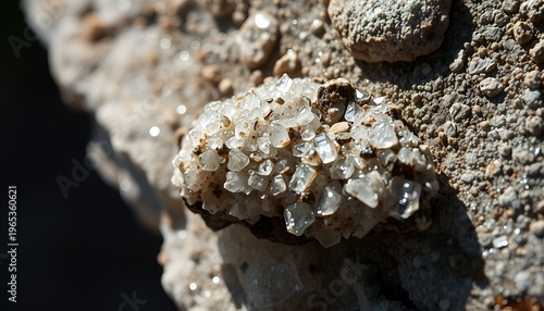 Raw quartz crystal cluster embedded in rough rock surface