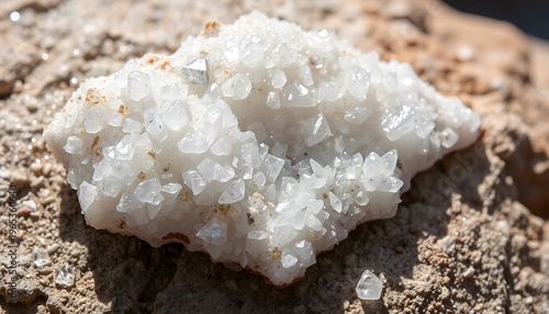 Raw quartz crystal cluster resting on desert sandstone ground