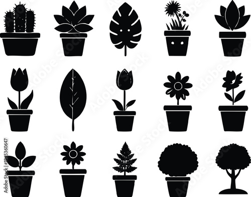 Black and white line drawings of various potted plants in different styles