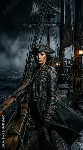 Female Pirate on a Stormy Ship Deck