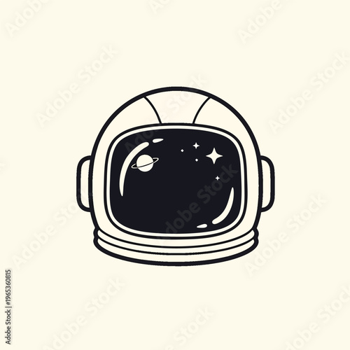 A helmet design featuring a space scene with stars and a planet. The simplistic illustration is outlined in black on a cream background