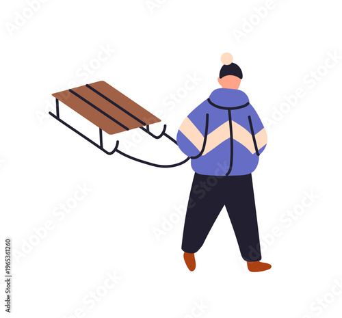 Kid in outerwear is sledding. Boy in winter clothes pulls sled. Happy child in hat is riding a sledge. Person with sleigh has fun outdoors. Flat isolated vector illustration on white background