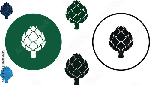 Artistic illustration of trees and an artichoke inside circular frames