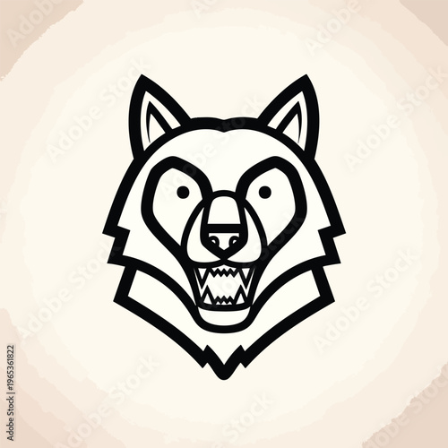 A minimalist illustration features a bold, black line drawing of a wolf's head in a frontal view, displaying sharp teeth on a beige canvas