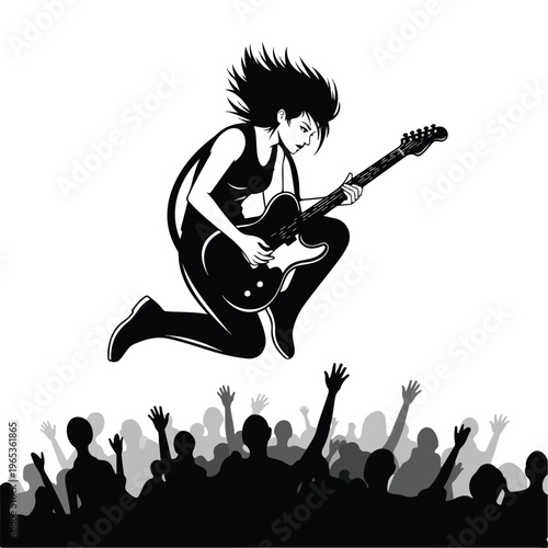 Dynamic guitar hero rock musician leaping energetically on stage with cheering crowd silhouette in high-energy concert performance
