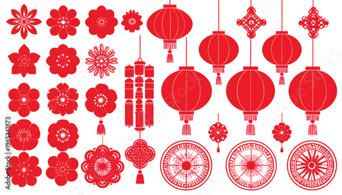 Traditional red chinese lanterns and decorative patterns in festive arrangement