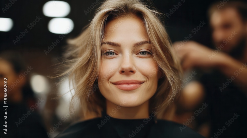 Fototapeta premium Young woman with blonde bob haircut smiling at the camera in a salon