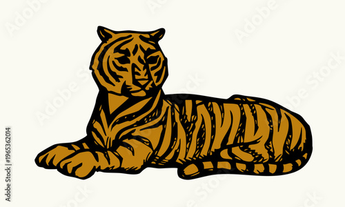 Vector drawing. The tiger lies on the ground