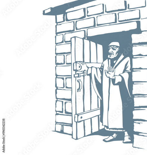 Vector drawing. Man at the door