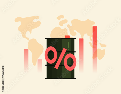 The concept of rising global fuel prices. The increase in the prices of gasoline, oil, diesel, and energy. Illustrations of oil barrels, percentage symbols, rising bar charts, and a world map
