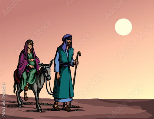 Vector drawing. Mary and Joseph