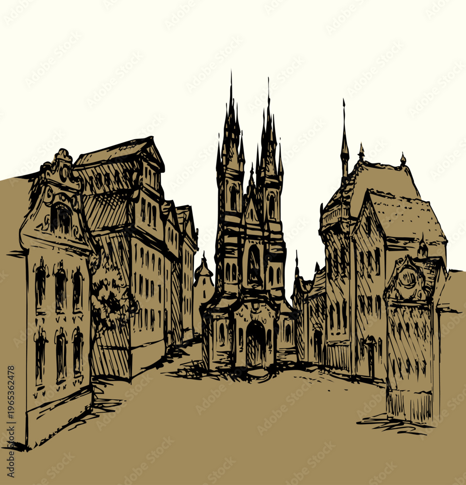 Fototapeta premium Old city street. Vector drawing