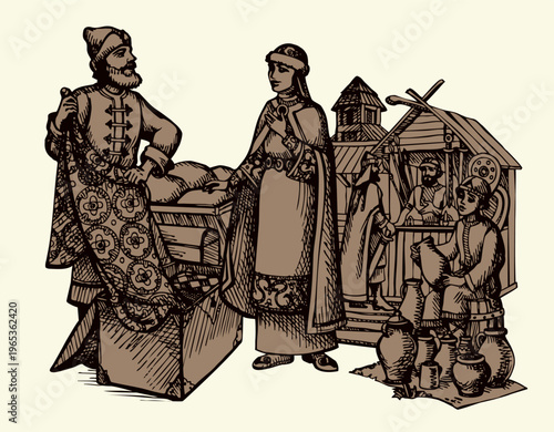 Vector drawing. Man sells a fabric om ancient market