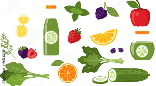 Detox Juice and Fresh Ingredients Set Featuring Citrus, Berries, Greens, and Healthy Drinks