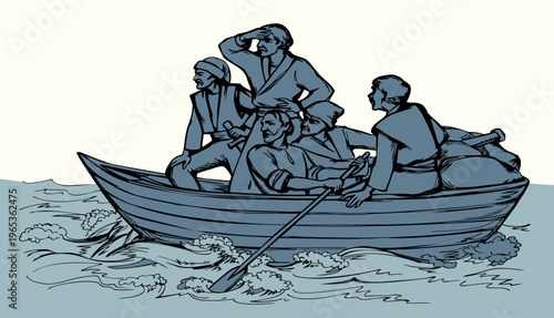 Vector drawing. Ancient men in the boat