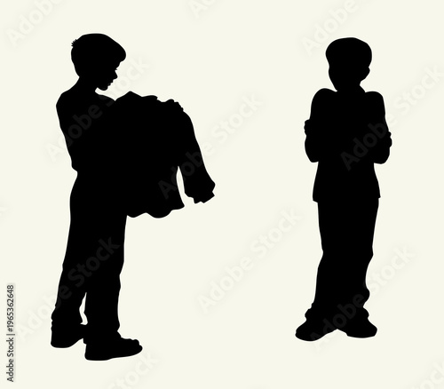 Vector drawing. The boy is picking up his shirt