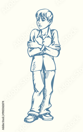 Vector drawing. The boy got wet and froze