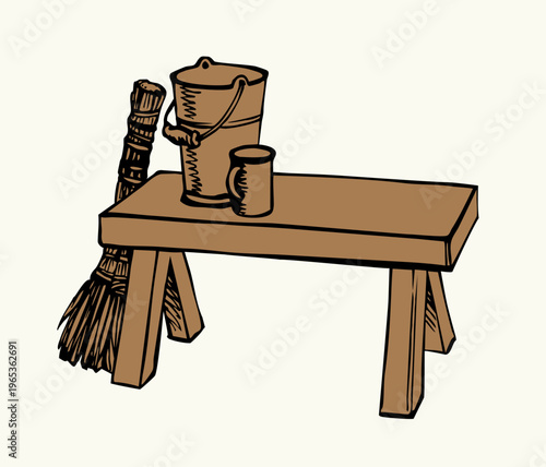 Vector drawing. Old bucket on the bench