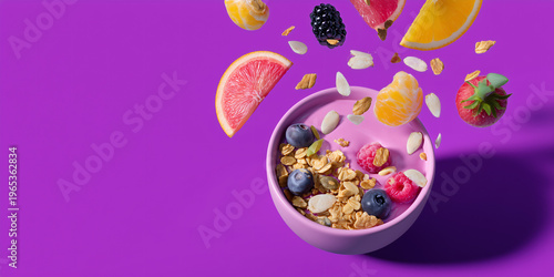 A vibrant food scene: A purple bowl with muesli, blueberries, raspberries, surrounded by assorted fresh fruits. The image depicts a beautiful and refreshing concept