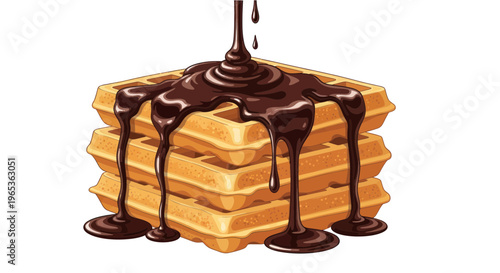 Stack of golden waffles with dripping dark chocolate syrup, isolated on white background