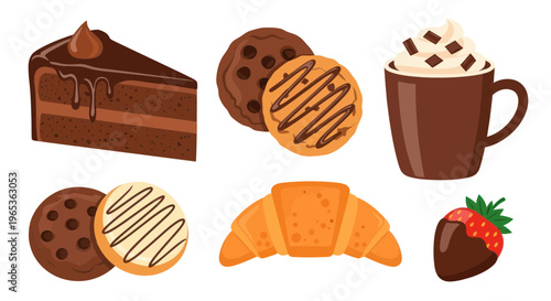Sweet Treats Collection: Chocolate Cake, Cookies, Croissant, Hot Chocolate, and Strawberry