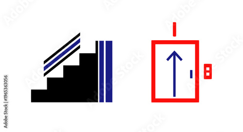 Stairs vs Elevator Icons: Choice between Up or Down, Mobility Options