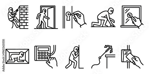 A collection of minimalist line art icons depicting various methods of intrusion and theft, conveying themes of crime, security, and danger.