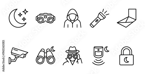 A collection of black and white outline icons representing various night security and surveillance elements, including a moon, binoculars, flashlight, and camera.