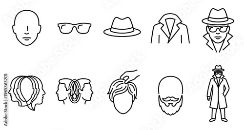 Minimalist line art icons depict elements of disguise and identity for a spy or detective, including faces, hats, coats, and glasses.