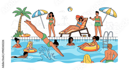 Diverse group enjoying a summer day swimming and relaxing by the pool