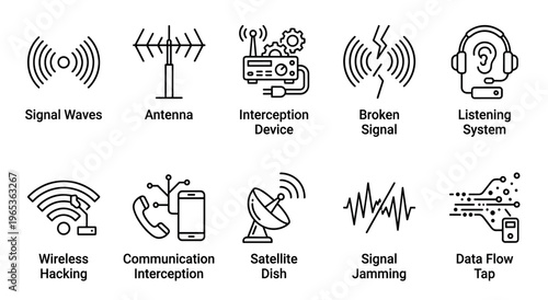 This set of line art icons depicts various communication and signal technology concepts, including antennas, signals, and interception devices, suitable for tech-related projects.