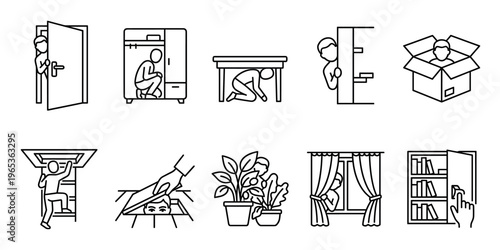 This conceptual line art set illustrates various ways people hide, seek shelter, or observe from various locations, perfect for representing safety, security, or evasion themes.