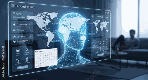 Futuristic travel interface, virtual trip planner, digital map, personalized travel