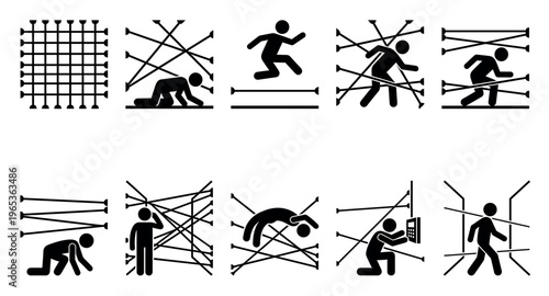 A set of black and white stick figures depict a person struggling through a complex maze of lines, representing challenges and difficulties in business and life.