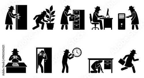 Collection of black pictogram icons depicting a detective or spy in various investigative actions like surveillance, searching, and planning.