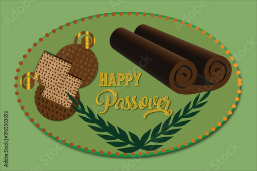 Happy Passover traditional design with torah scroll and matzah elegant Jewish holiday greeting illustration.