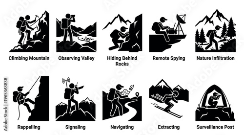 This graphic collection features minimalist stick figure icons depicting various adventure and outdoor activities in black and white, ideal for informational or conceptual use.