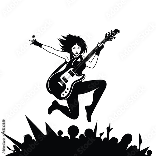 Dynamic guitar hero female rocker jumping energetically on stage with cheering crowd silhouette in black and white illustration style