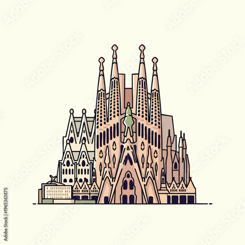 A detailed illustrated architectural rendering of a cathedral with multiple spires and elaborate facades, presented with a modern, flat-design style