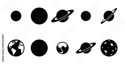 A simple graphic collection of black silhouette icons depicting planets of our solar system including Earth, Saturn, and other celestial bodies against a white background.