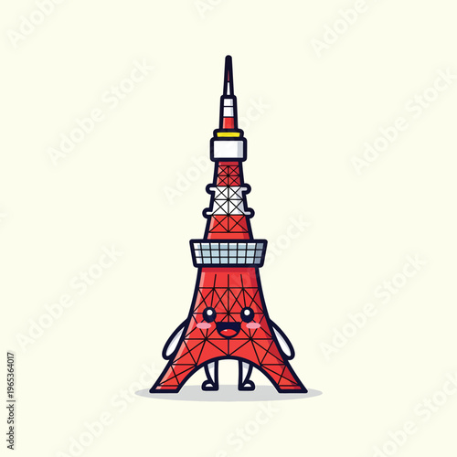A red cartoon tower with a smiling face, arms, and legs. It has a triangular base and a tall, pointy top. The background is a soft beige color