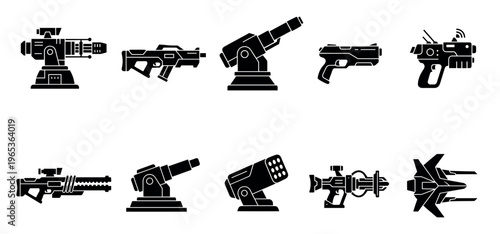 A collection of black futuristic weapon icons and futuristic spacecraft displayed on a white background, suitable for gaming or sci-fi projects.