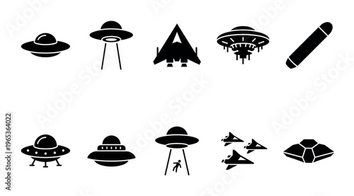 A collection of diverse black silhouette icons representing various flying saucers and alien spacecraft on a white background.
