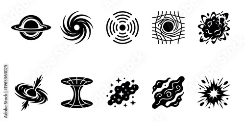Collection of black and white icons representing cosmic phenomena like black holes, explosions, nebulae, and gravitational forces, suitable for scientific or abstract design projects.