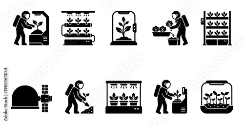 Icons depict astronauts engaged in various farming activities within a futuristic space station setting, illustrating agriculture in zero gravity.